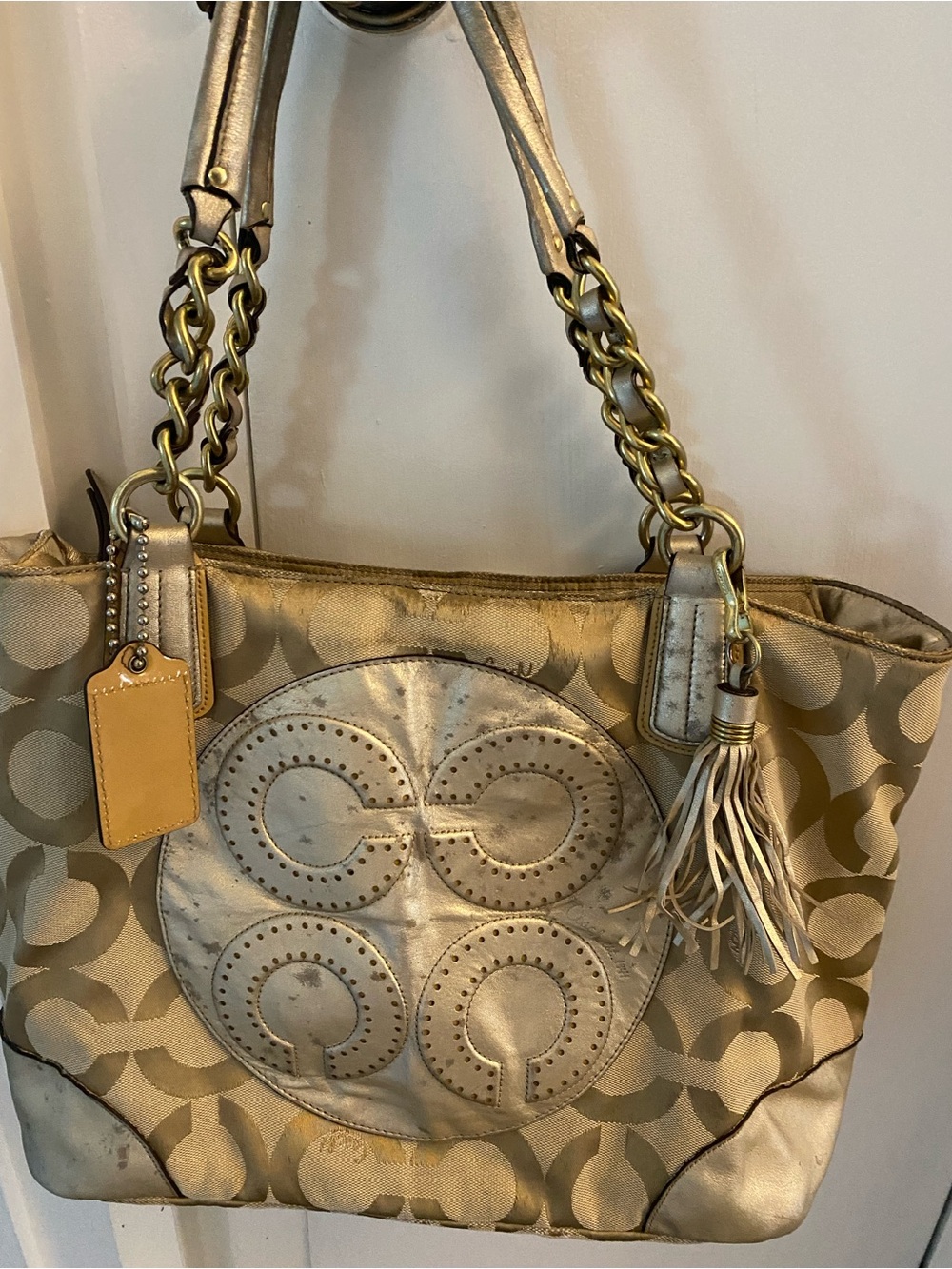 Coach Large Logo Tan Shoulder Purse Used
